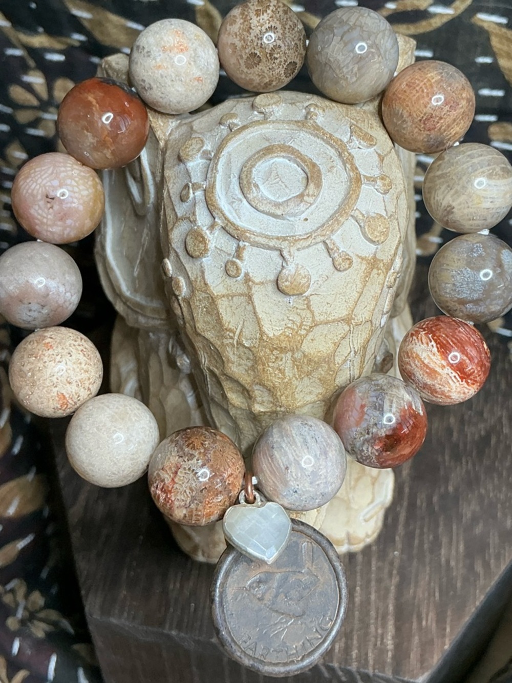 Coral Jade 13mm with Rustic Bird Coin and Moonstone Heart - Picture 3 of 4